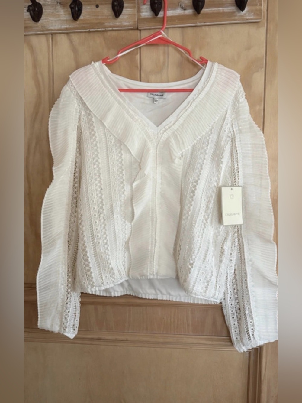 Calligraphie White Lace Ruffle V-Neck Women's Top